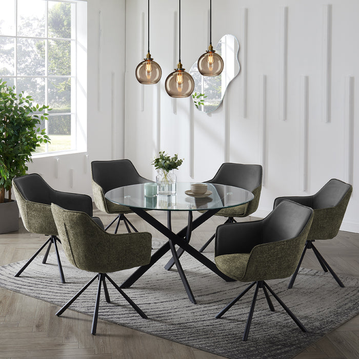 Livorno Black Leg Glass Dining Table & 6 Porto Chairs, Grey/Green Two Tone Fabric