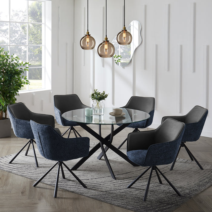 Livorno Black Leg Glass Dining Table & 6 Porto Chairs, Grey/Blue Two Tone Fabric