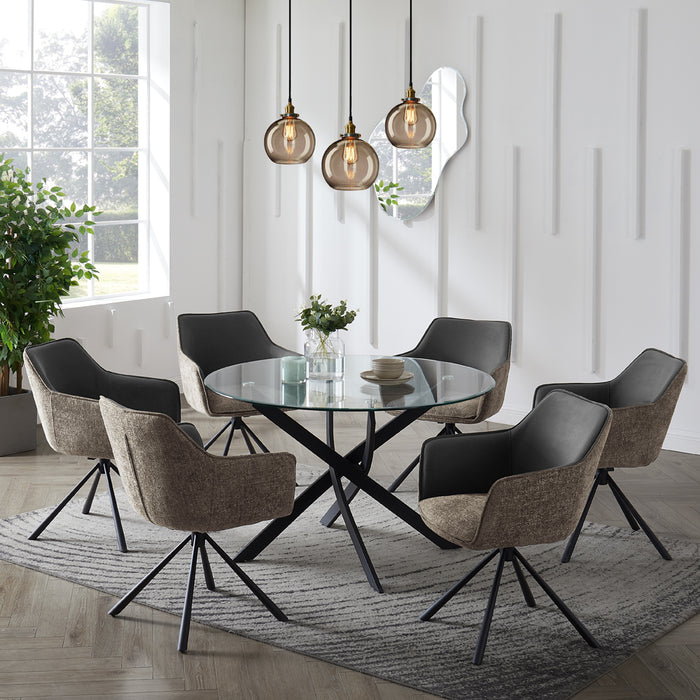 Livorno Black Leg Glass Dining Table & 6 Porto Chairs, Grey/Beige Two Tone Fabric