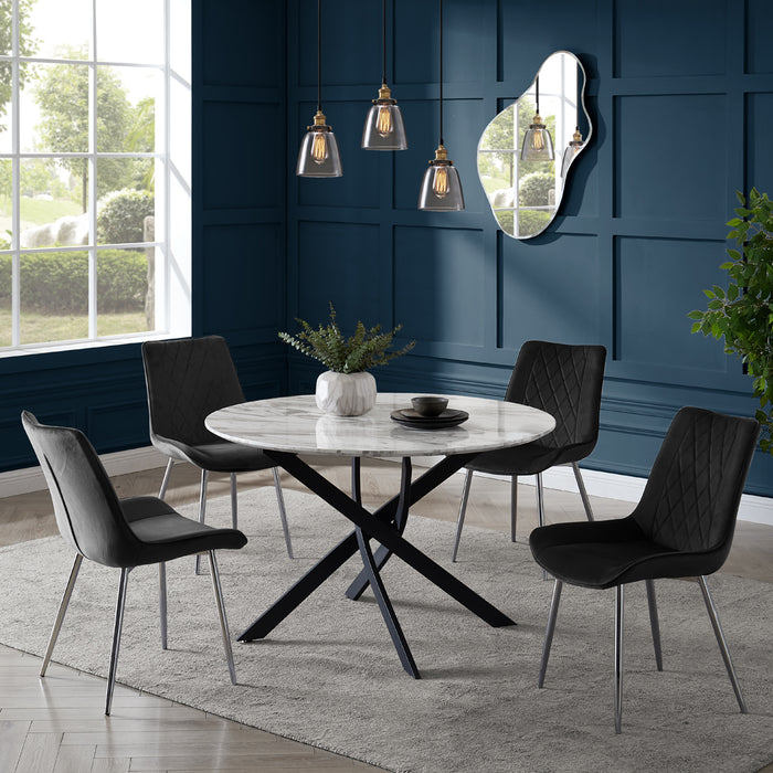 Modena Marble Effect Dining Table & 4 Almeria Chairs, Black with Silver Legs