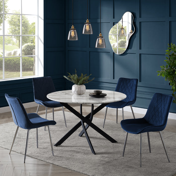 Modena Marble Effect Dining Table & 4 Almeria Chairs, Blue with Silver Legs