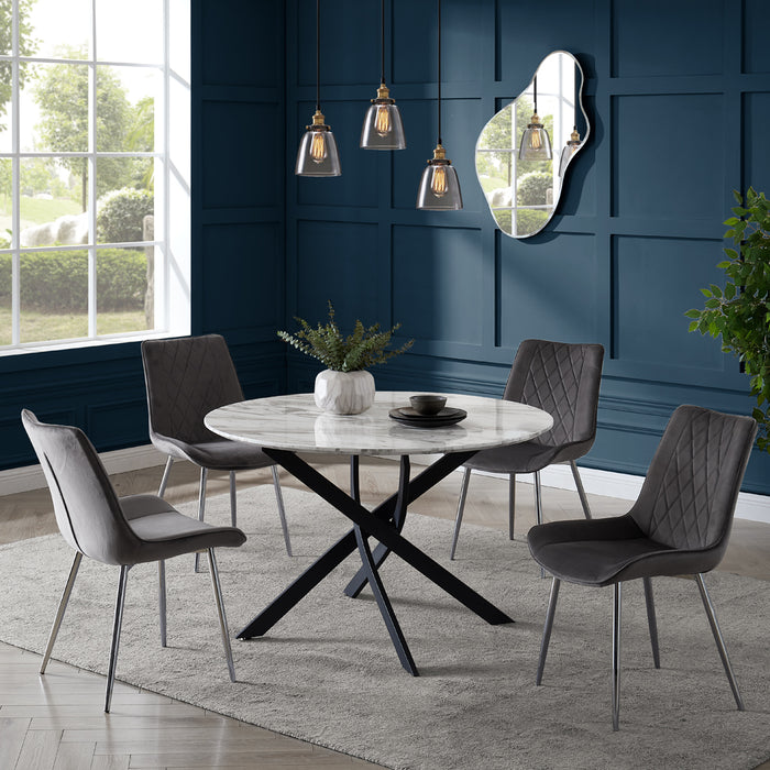 Modena Marble Effect Dining Table & 4 Almeria Chairs, Grey with Silver Legs