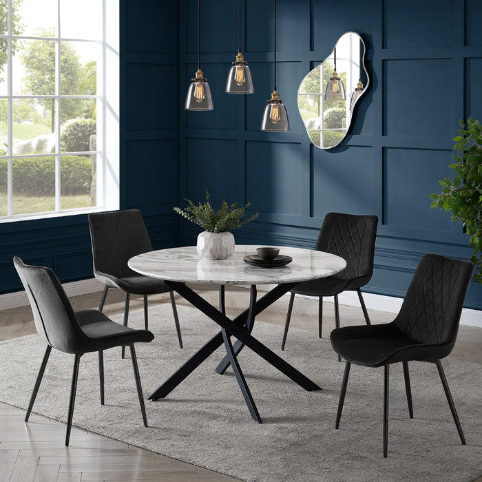 Modena Marble Effect Dining Table & 4 Almeria Chairs, Black with Black Legs