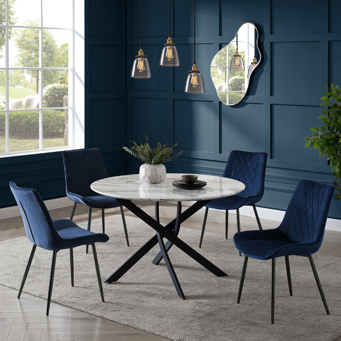 Modena Marble Effect Dining Table & 4 Almeria Chairs, Blue with Black Legs