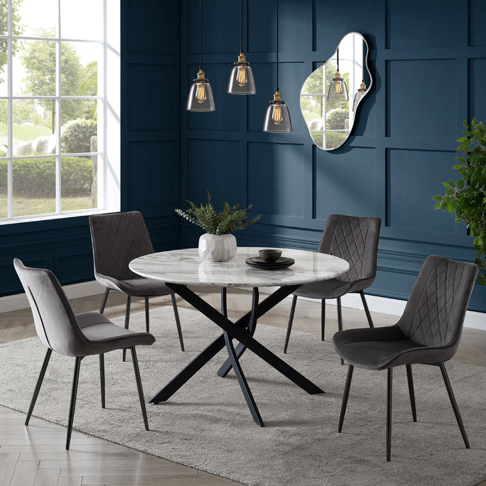 Modena Marble Effect Dining Table & 4 Almeria Chairs, Grey with Black Legs