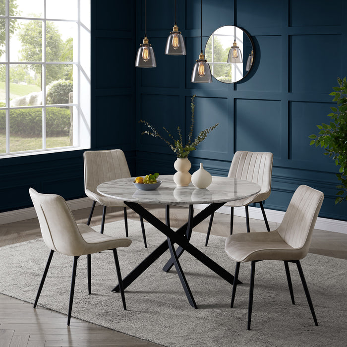 Modena Marble Effect Dining Table & 4 Girona Chairs, Cream Velvet