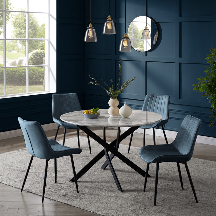 Modena Marble Effect Dining Table & 4 Girona Chairs, Blue Velvet