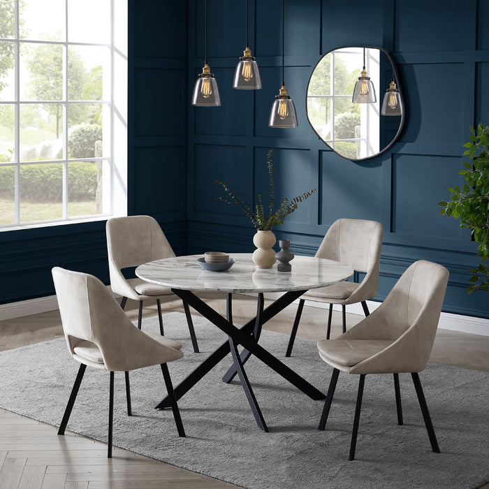 Modena Marble Effect Dining Table & 4 Bilbao Chairs, Cream Velvet