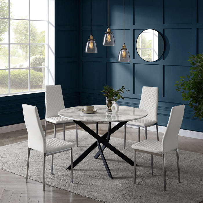 Modena Marble Effect Dining Table & 4 Sierra Chairs, White with Silver Legs