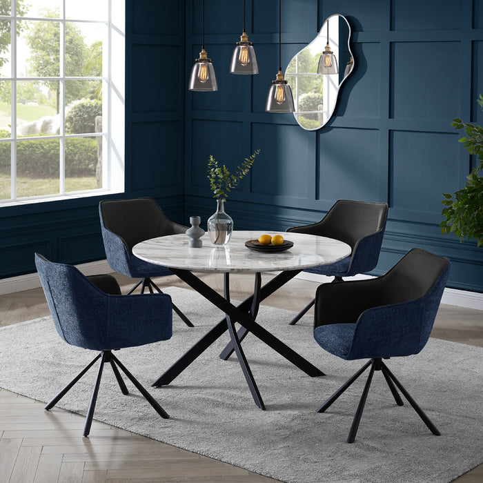 Modena Marble Effect Dining Table & 4 Porto Chairs, Grey/Blue Two Tone Fabric