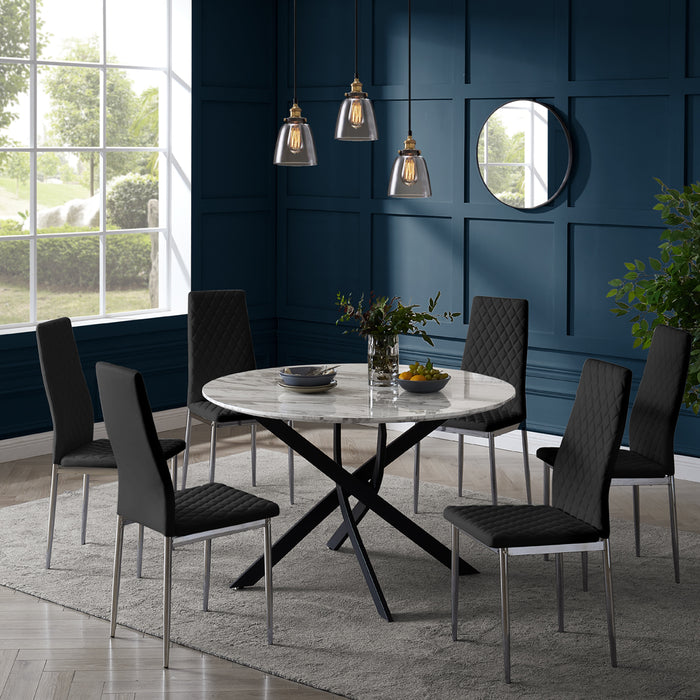 Modena Marble Effect Dining Table & 6 Sierra Chairs, Black with Silver Legs