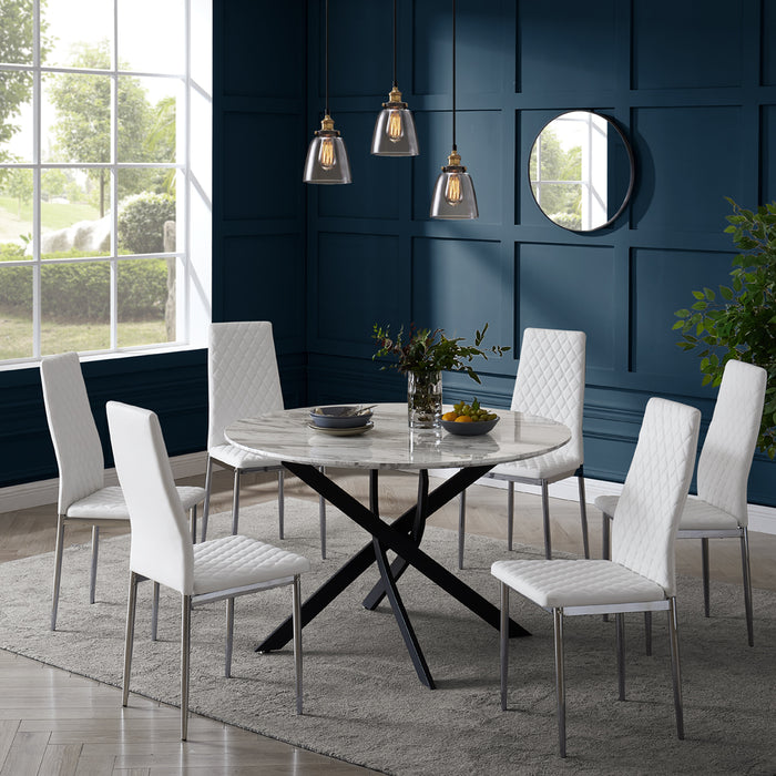 Modena Marble Effect Dining Table & 6 Sierra Chairs, White with Silver Legs