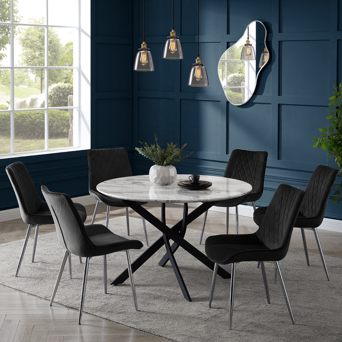 Modena Marble Effect Dining Table & 6 Almeria Chairs, Black with Silver Legs