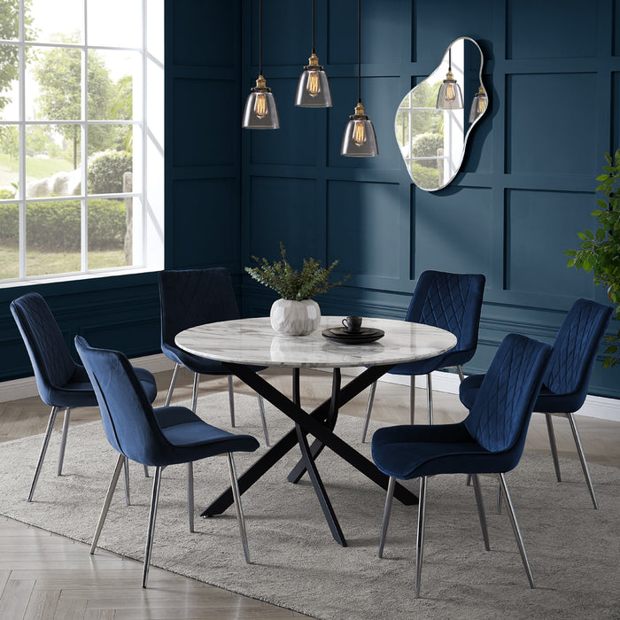 Modena Marble Effect Dining Table & 6 Almeria Chairs, Blue with Silver Legs