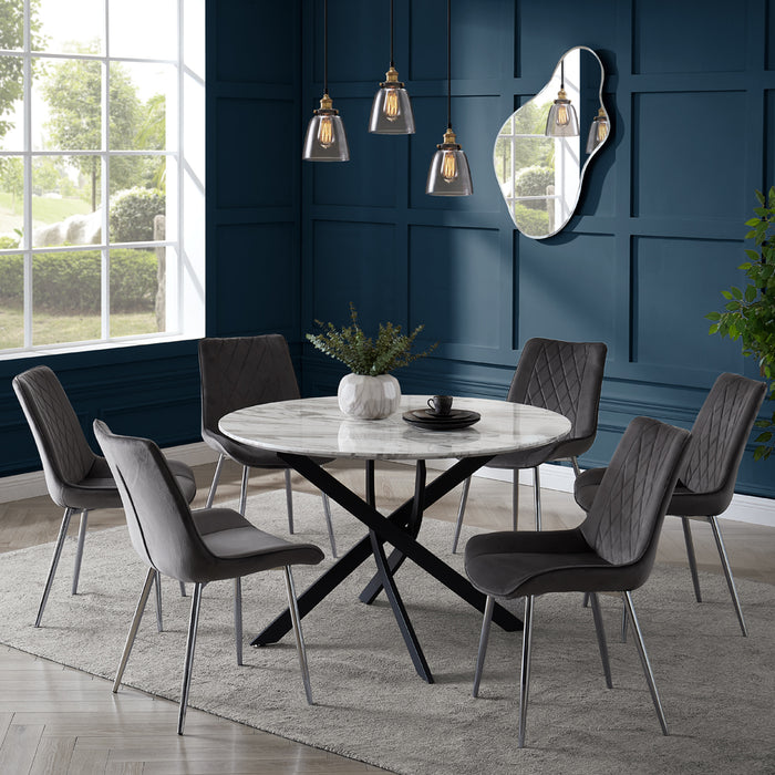 Modena Marble Effect Dining Table & 6 Almeria Chairs, Grey with Silver Legs