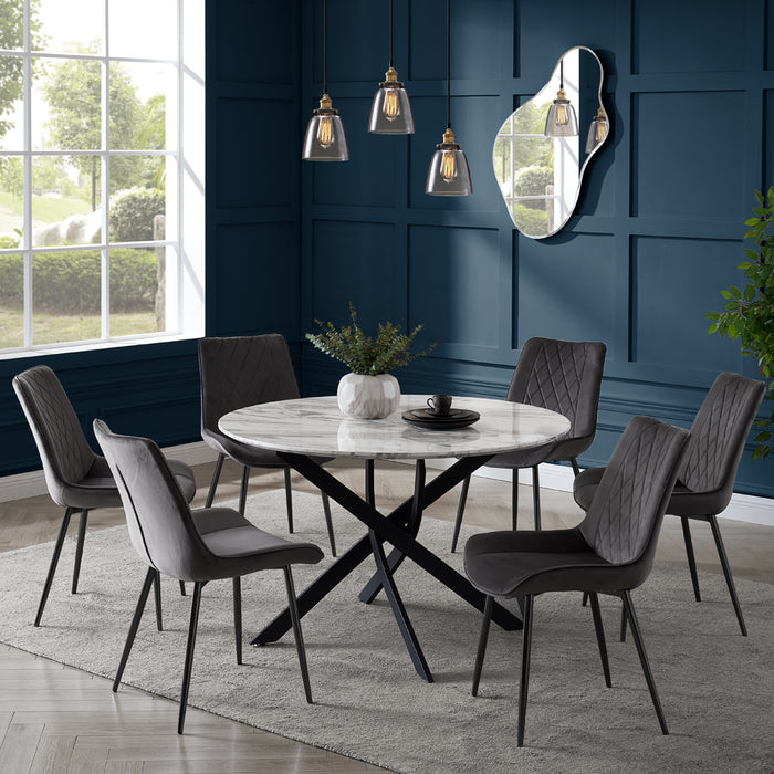 Modena Marble Effect Dining Table & 6 Almeria Chairs, Grey with Black Legs