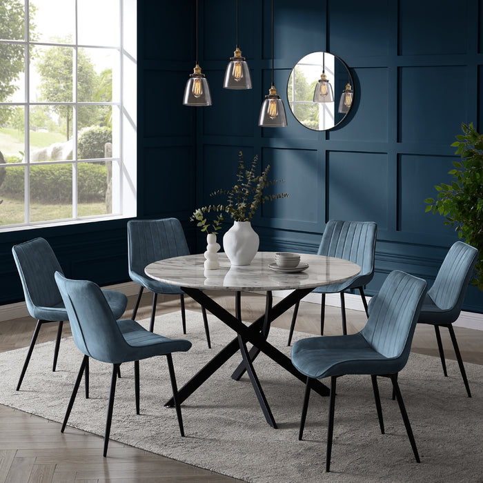 Modena Marble Effect Dining Table & 6 Girona Chairs, Blue Velvet