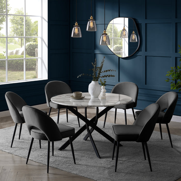 Modena Marble Effect Dining Table & 6 Tiago Chairs, Grey Velvet