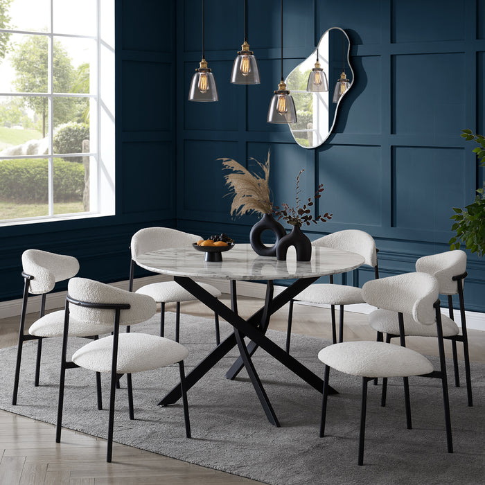 Modena Marble Effect Dining Table & 6 Elda Chairs, White Boucle