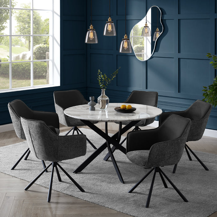 Modena Marble Effect Dining Table & 6 Porto Chairs, Grey Two Tone Fabric