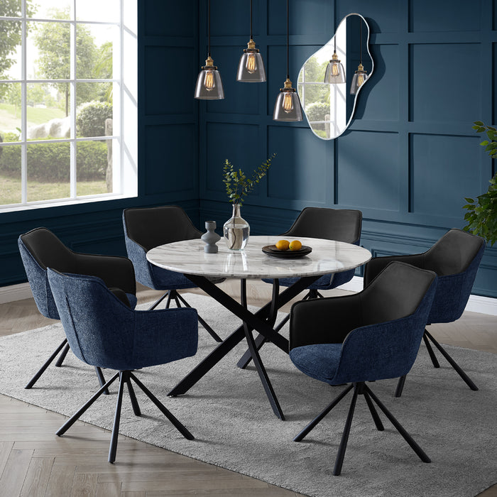 Modena Marble Effect Dining Table & 6 Porto Chairs, Grey/Blue Two Tone Fabric