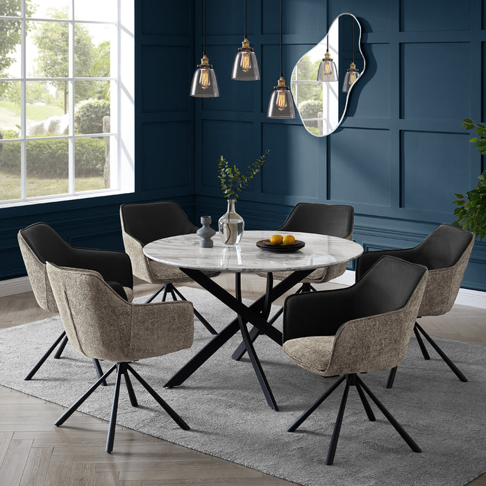 Modena Marble Effect Dining Table & 6 Porto Chairs, Grey/Beige Two Tone Fabric