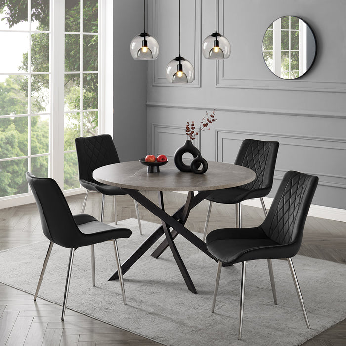 Rocco Concrete Effect Dining Table & 4 Almeria Chairs, Black with Silver Legs