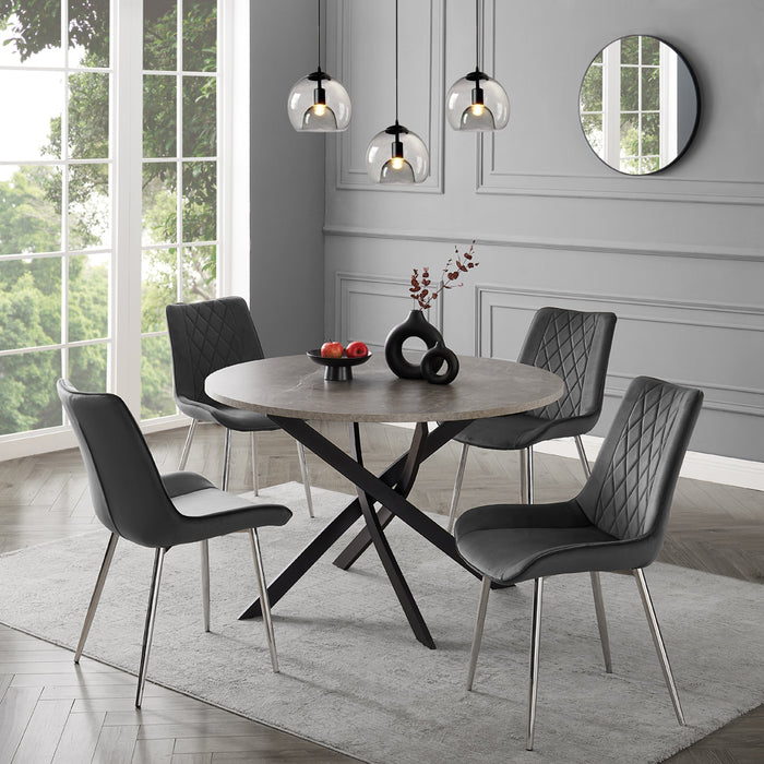 Rocco Concrete Effect Dining Table & 4 Almeria Chairs, Grey with Silver Legs