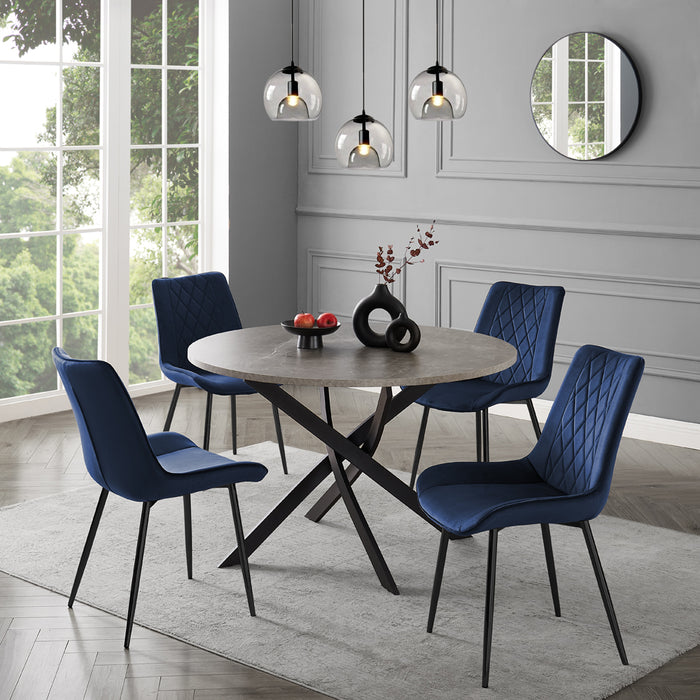 Rocco Concrete Effect Dining Table & 4 Almeria Chairs, Blue with Black Legs