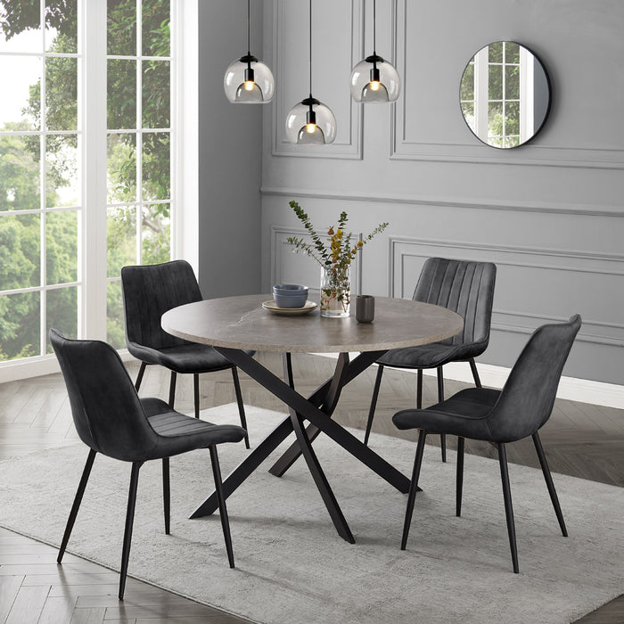 Rocco Concrete Effect Dining Table & 4 Girona Chairs, Grey Velvet