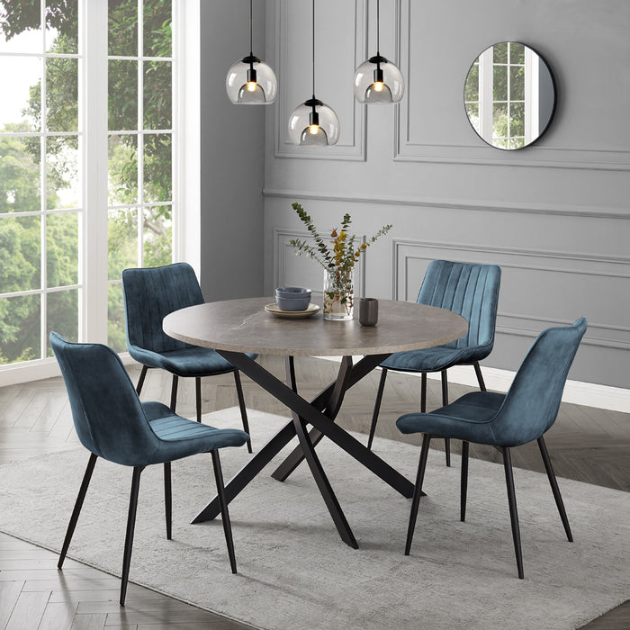 Rocco Concrete Effect Dining Table & 4 Girona Chairs, Blue Velvet