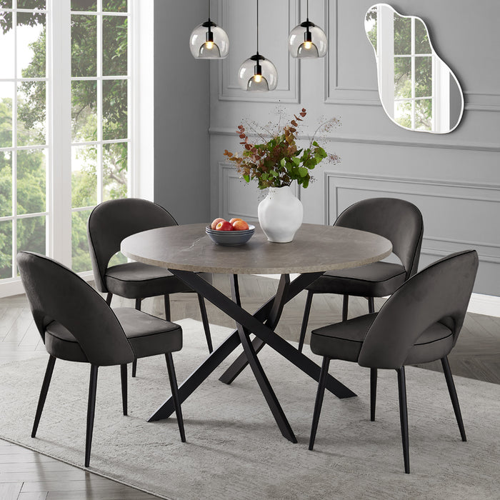 Rocco Concrete Effect Dining Table & 4 Tiago Chairs, Grey Velvet