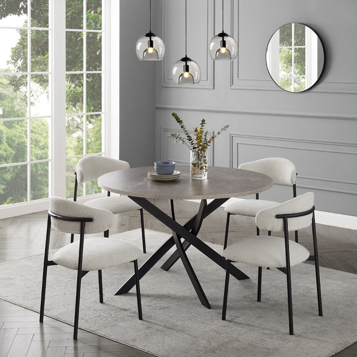 Rocco Concrete Effect Dining Table & 4 Elda Chairs, White Boucle