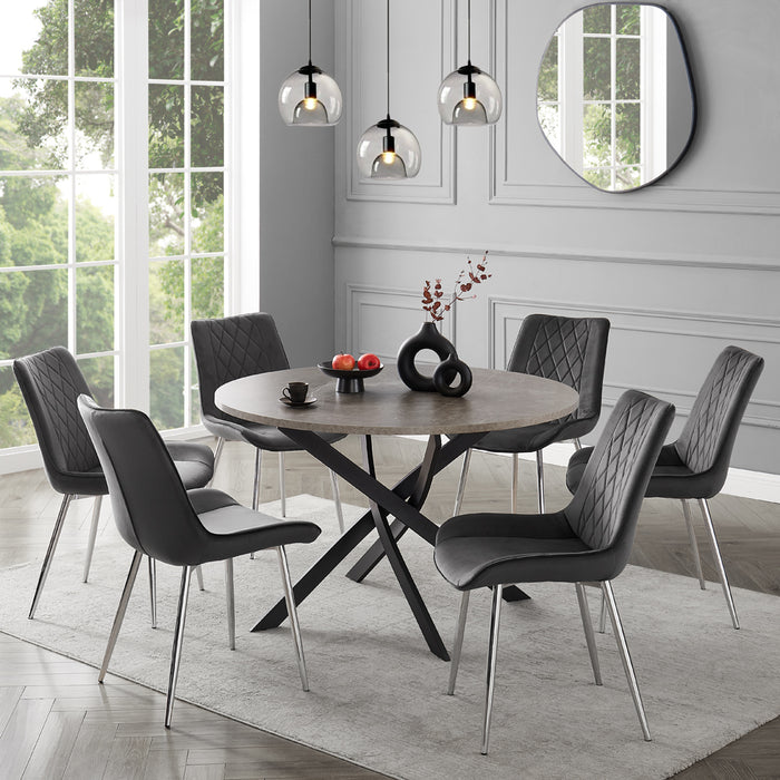 Rocco Concrete Effect Dining Table & 6 Almeria Chairs, Grey with Silver Legs