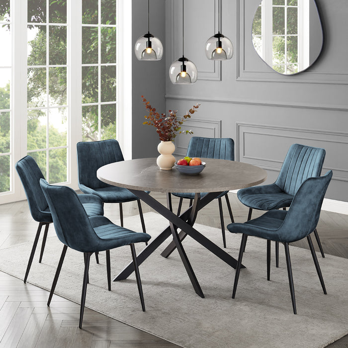 Rocco Concrete Effect Dining Table & 6 Girona Chairs, Blue Velvet