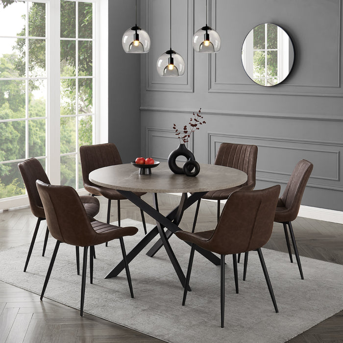 Rocco Concrete Effect Dining Table & 6 Girona Chairs, Brown Faux Leather