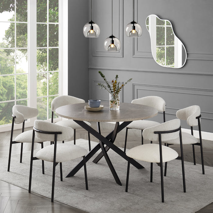 Rocco Concrete Effect Dining Table & 6 Elda Chairs, White Boucle