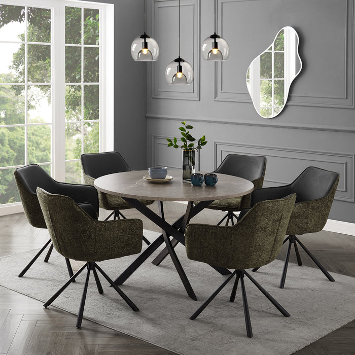 Rocco Concrete Effect Dining Table & 6 Porto Chairs, Grey/Green Fabric