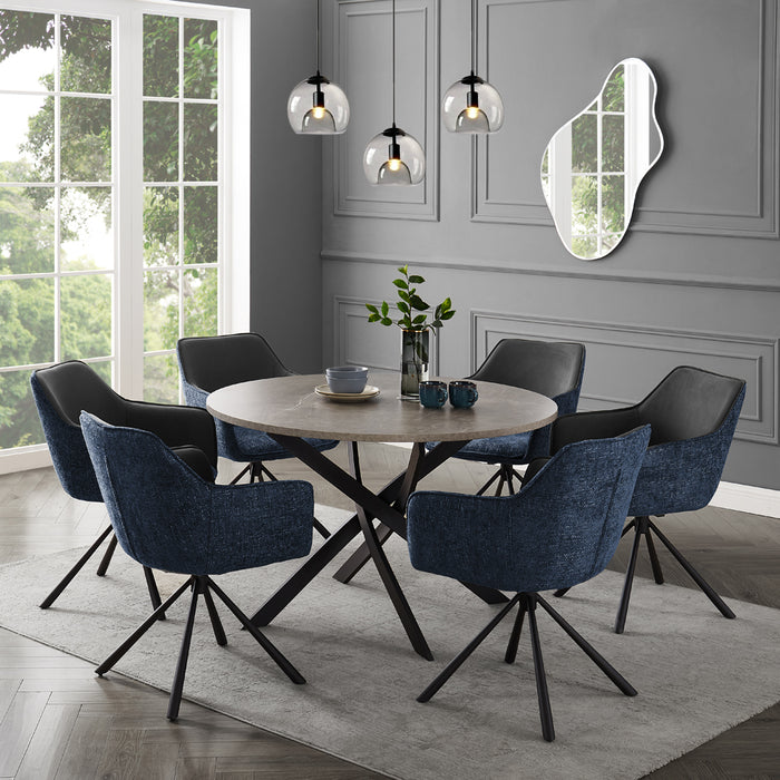 Rocco Concrete Effect Dining Table & 6 Porto Chairs, Grey/Blue Fabric