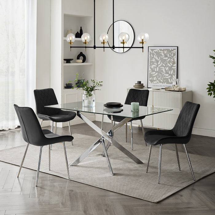 Lucia Rectangular Glass Dining Table & 4 Almeria Chairs, Black Chair with Silver Legs