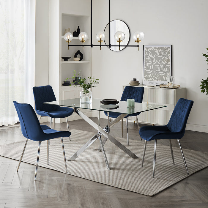 Lucia Rectangular Glass Dining Table & 6 Almeria Chairs, Blue Chair with Black Legs