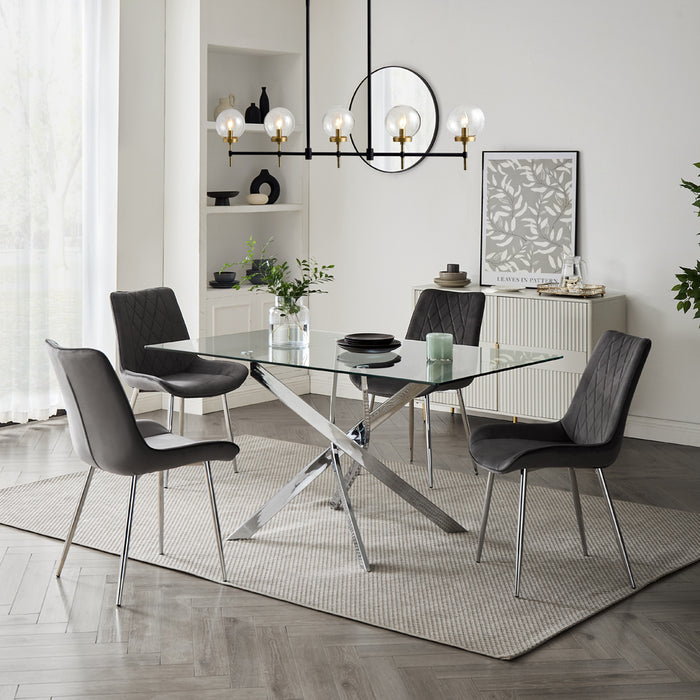 Lucia Rectangular Glass Dining Table & 4 Almeria Chairs, Grey Chair with Silver Legs