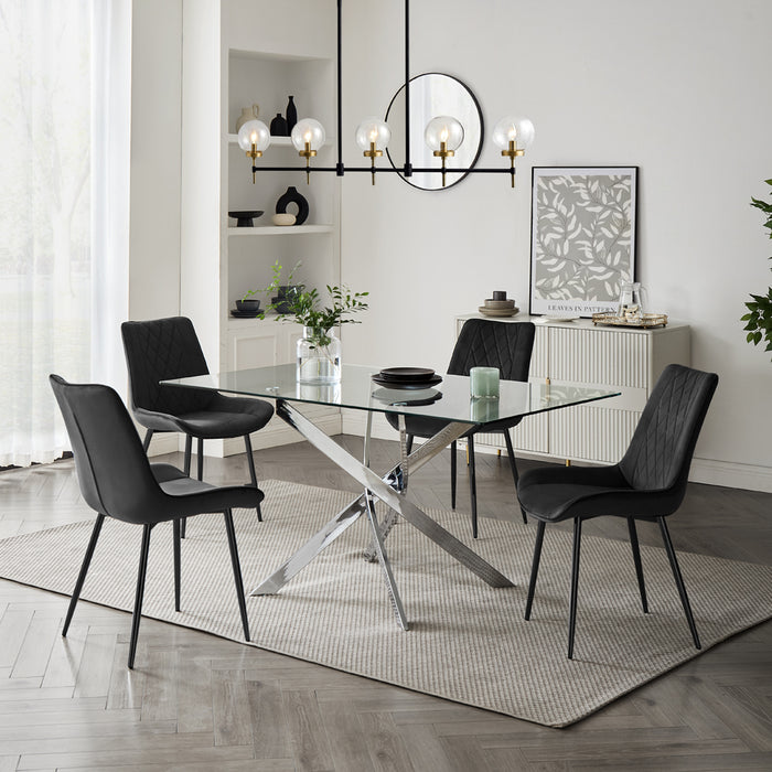 Lucia Rectangular Glass Dining Table & 4 Almeria Chairs, Black Chair with Black Legs