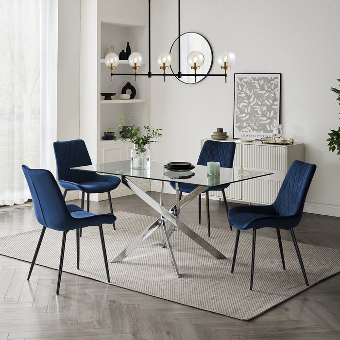 Lucia Rectangular Glass Dining Table & 4 Almeria Chairs, Blue Chair with Black Legs