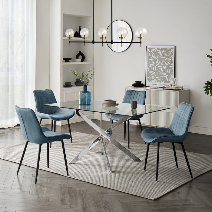 Lucia Rectangular Glass Dining Table & 4 Girona Chairs, Blue Velvet