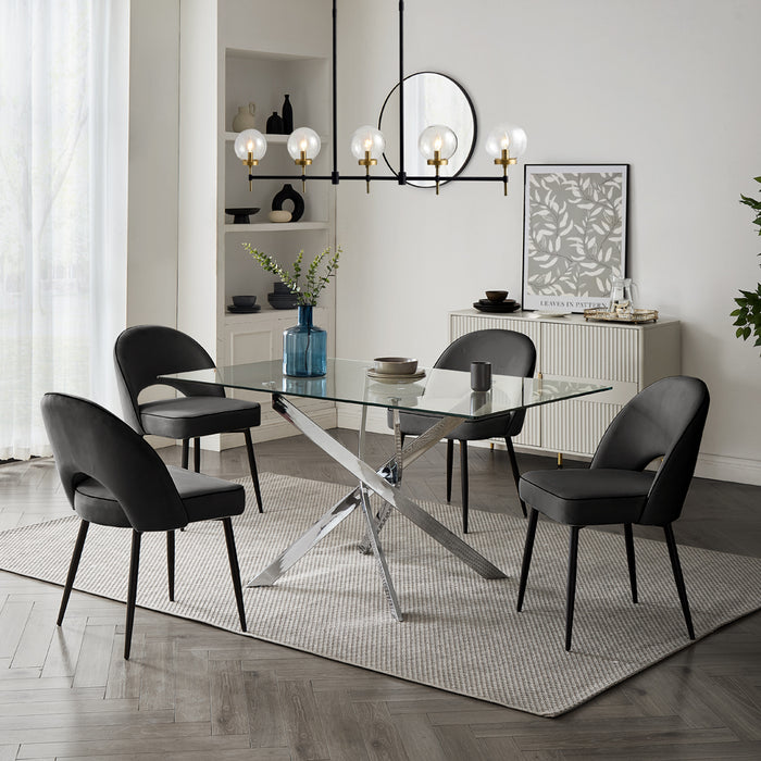 Lucia Rectangular Glass Dining Table & 4 Tiago Chairs, Grey Velvet