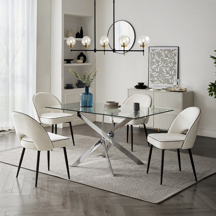 Lucia Rectangular Glass Dining Table & 4 Tiago Chairs, Ivory Velvet