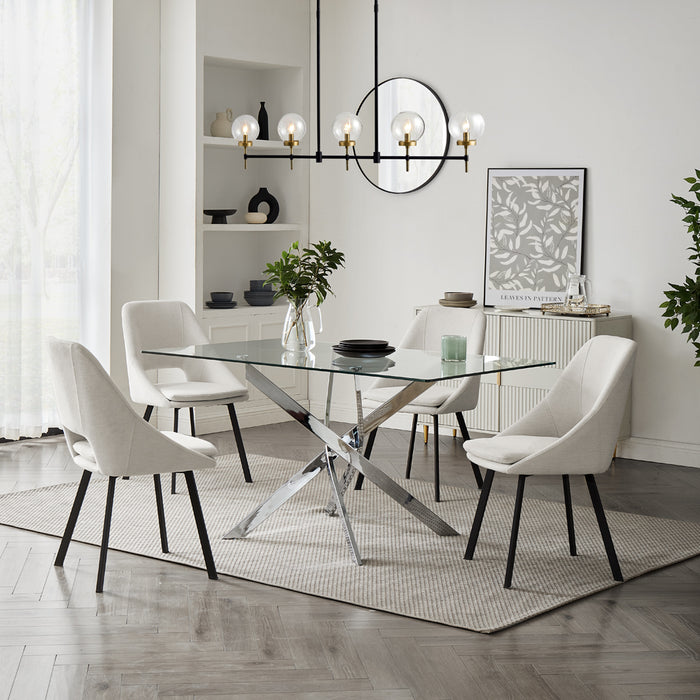 Lucia Rectangular Glass Dining Table & 4 Bilbao Chairs, Ivory Fabric