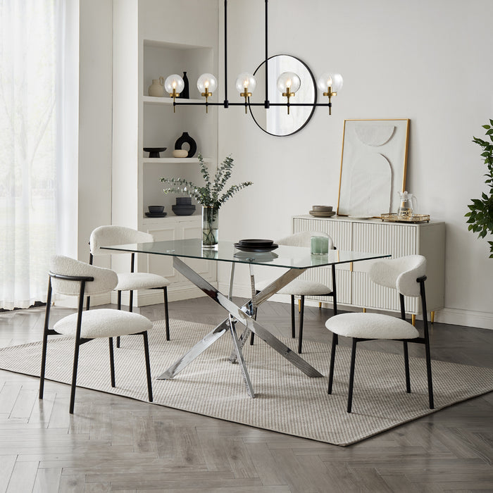 Lucia Rectangular Glass Dining Table & 4 Elda Chairs, White Boucle