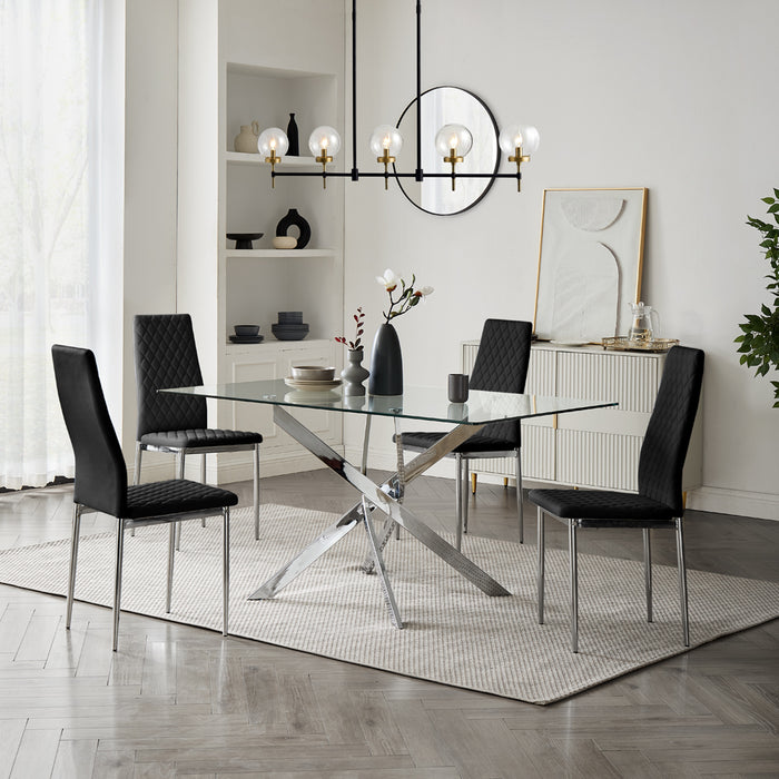 Lucia Rectangular Glass Dining Table & 4 Sierra Chairs, Black Chair with Silver Legs